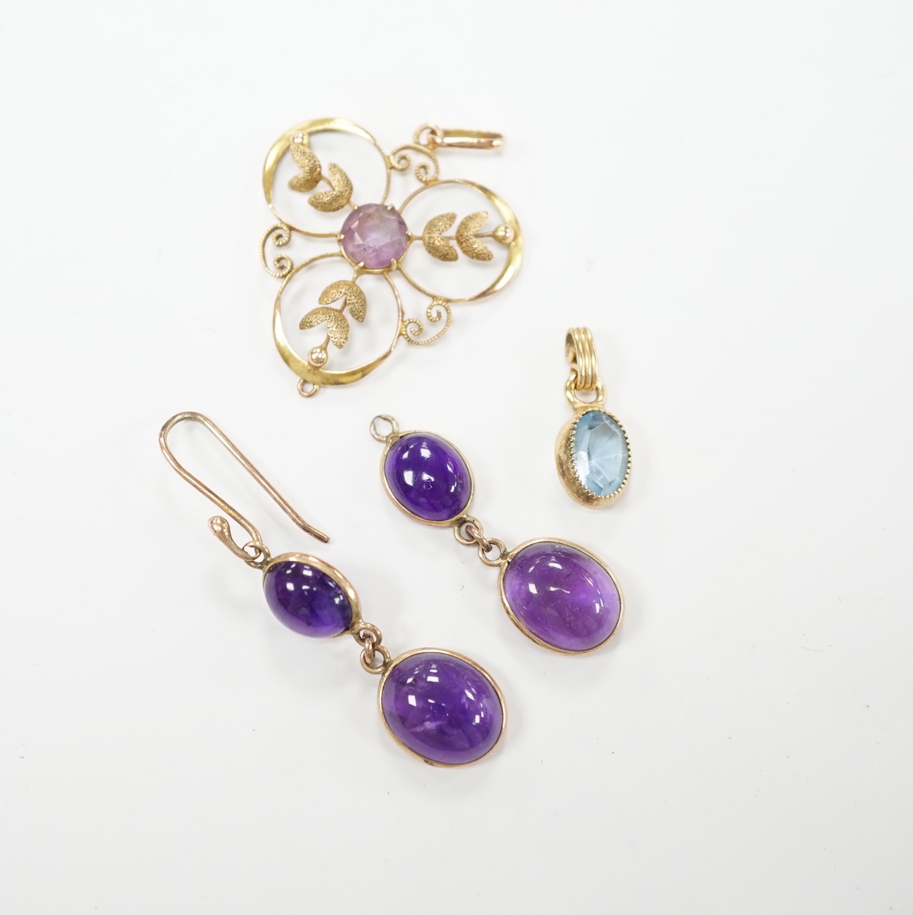 A pair of yellow metal mounted two stone cabochon amethyst set drop earrings, overall 40mm, together with two yellow metal and gem set pendants.